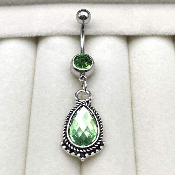 316L Stainless Steel with Emerald Green Cubic Zirconia Teardrop 14G Belly Ring - Picture 4 of 7